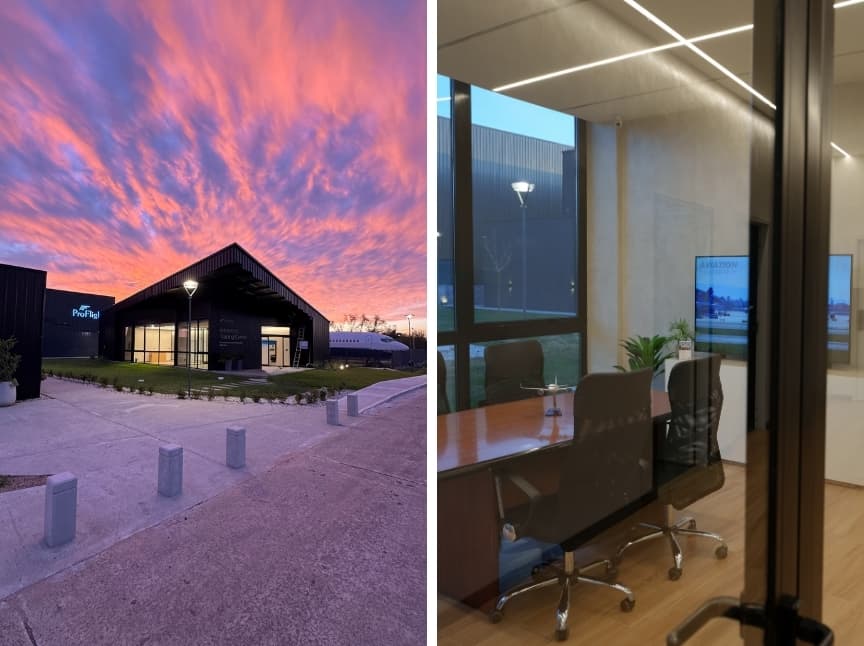 Advanced Training Center al atardecer y sala de reuniones
